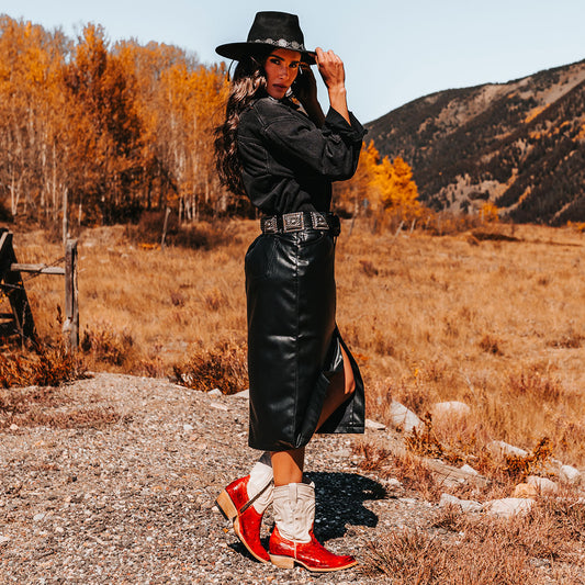 FREEBIRD women's Warrick red ostrich multi exotic leather western cowgirl mid calf boot lifestyle image