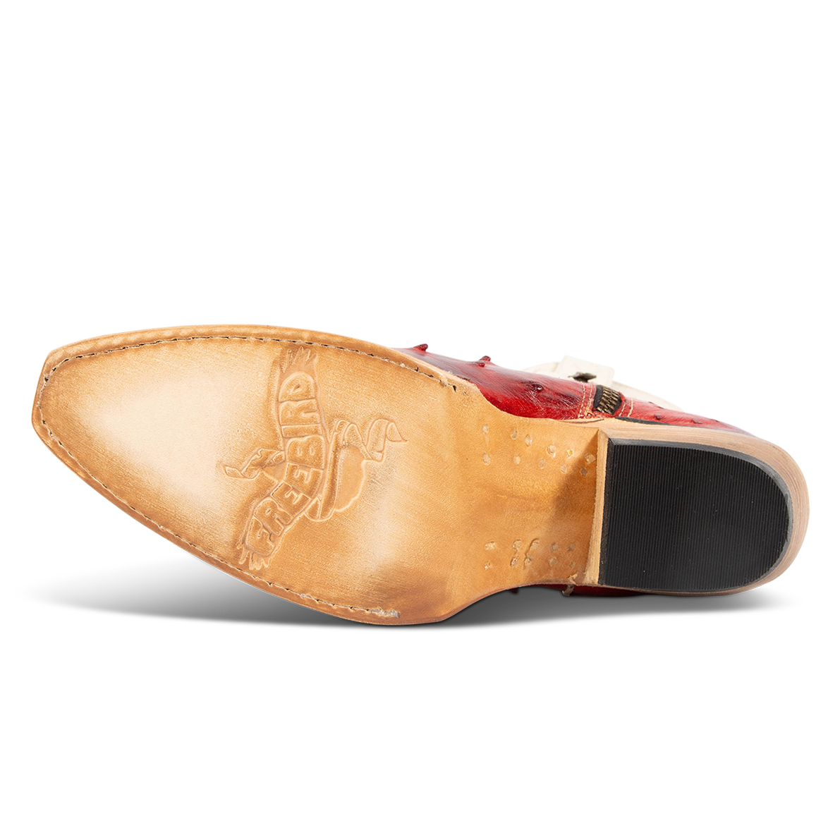 Leather sole imprinted with FREEBIRD on women's Warrick red ostrich multi exotic leather cowgirl mid calf boot