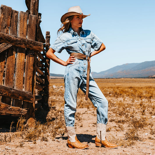 FREEBIRD women's Warrick tan ostrich multi exotic leather western cowgirl mid calf boot lifestyle image