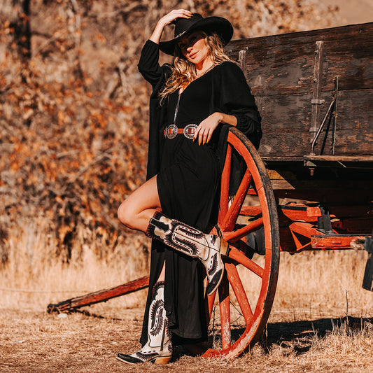 FREEBIRD women's Wayne taupe multi leather western mid-calf boot with whip-stitch and laser cut detailing, a snip toe and inside working brass zipper lifestyle image