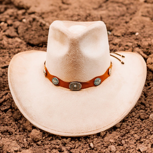 FREEBIRD Wesson beige cowboy hat featuring teardrop crown, western curved brim, and turquoise metal detailing