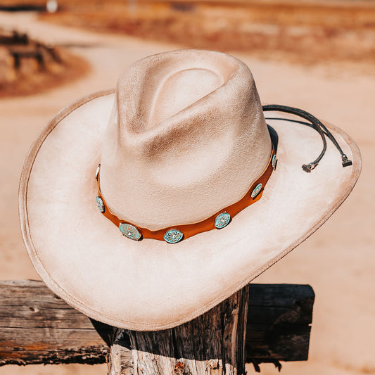FREEBIRD Wesson beige cowboy hat featuring teardrop crown, western curved brim, and turquoise metal detailing lifestyle