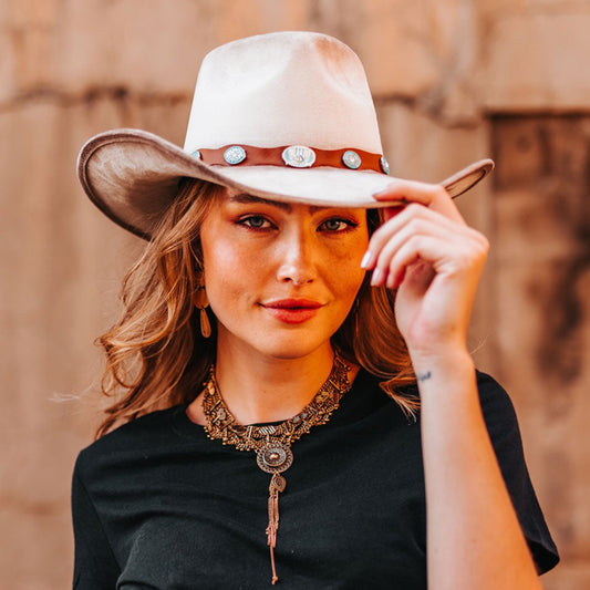 FREEBIRD Wesson beige cowboy hat featuring teardrop crown, western curved brim, and turquoise metal detailing lifestyle