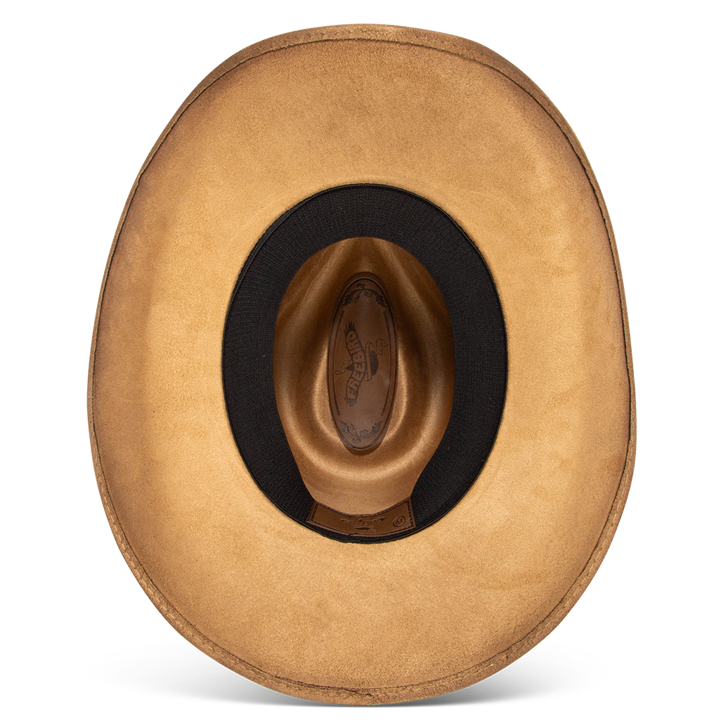 Wesson camel inside view showing sweatband on FREEBIRD western cowboy hat featuring a teardrop crown and curved brim
