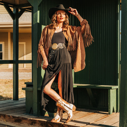 FREEBIRD women's West beige boot with contrasting overlay leather detailing with mid-calf construction and inside zip closure lifestyle image