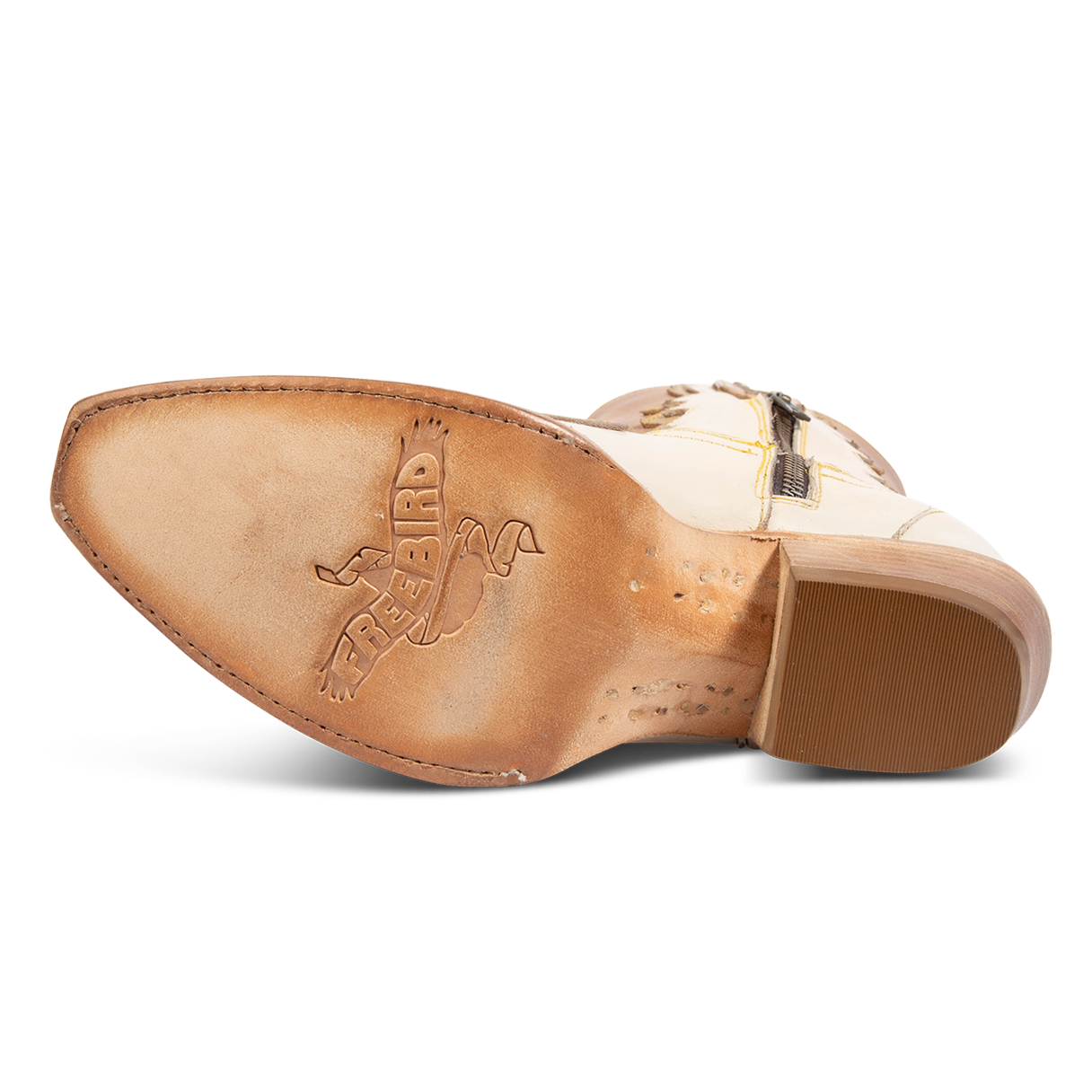 Leather sole imprinted with FREEBIR on women's West beige mid calf boot