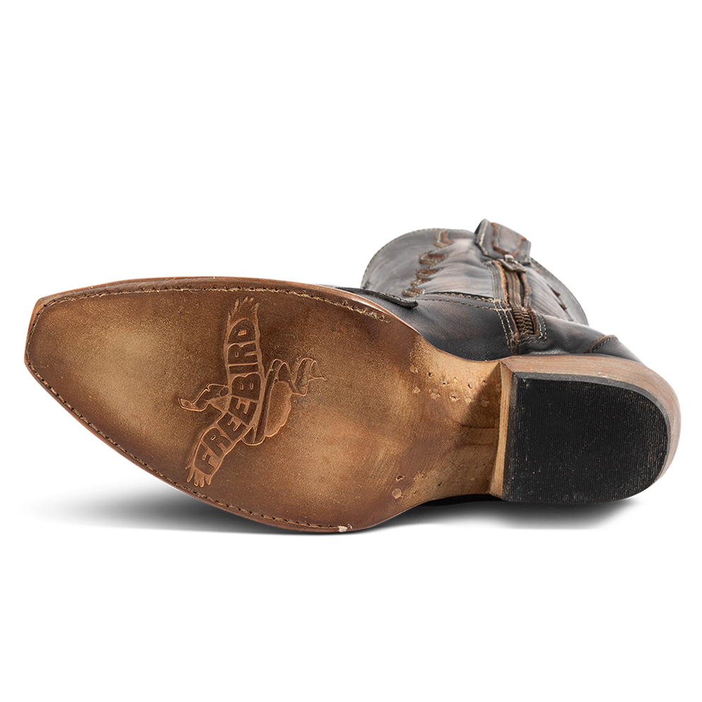 Leather sole imprinted with FREEBIR on women's West black mid calf boot