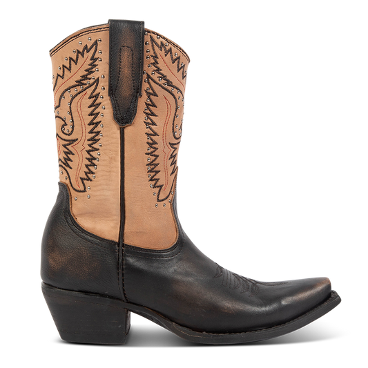 FREEBIRD women's Westrose black embroidered mid-calf boot with stud detailing, leather pull tabs, and stacked heel