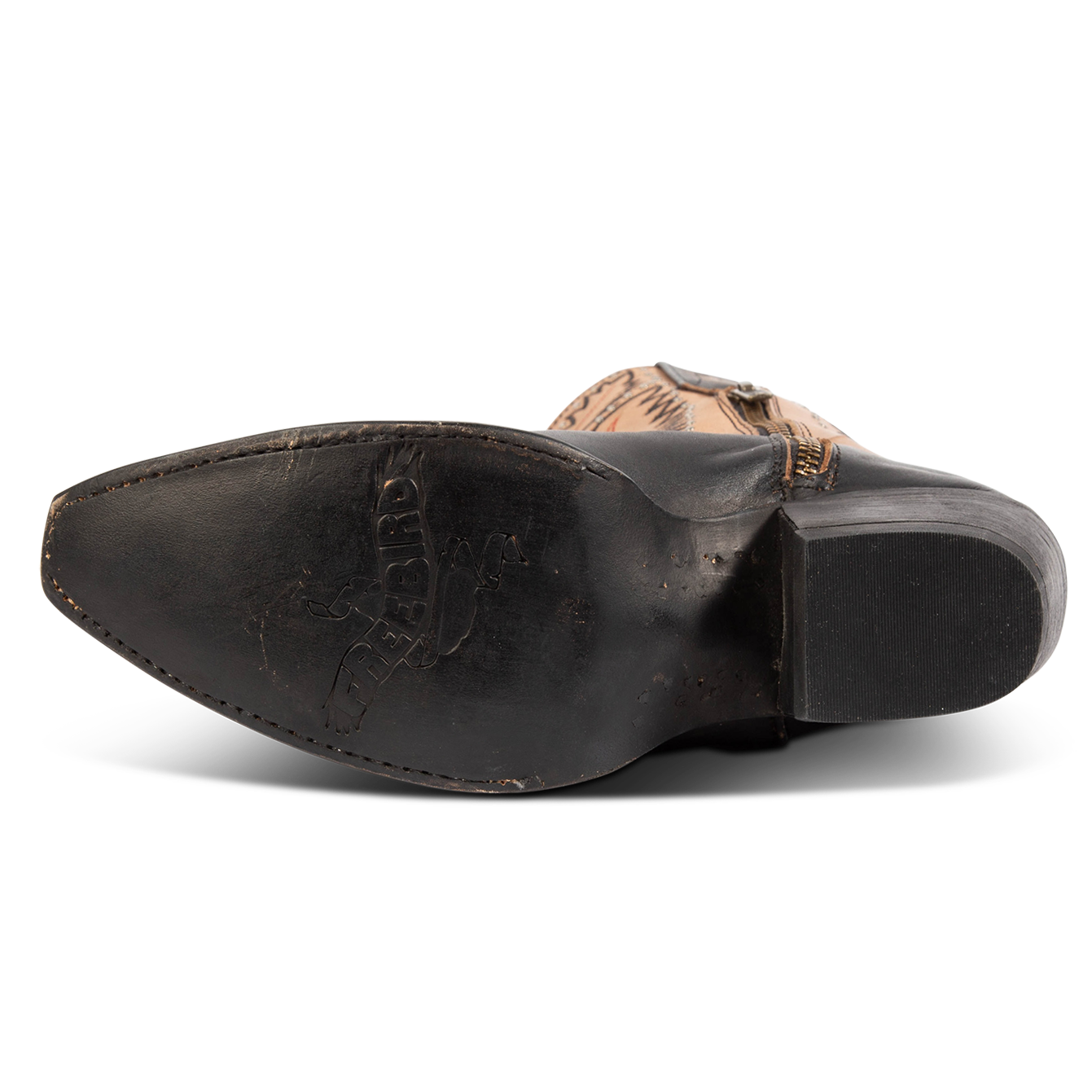 Leather sole imprinted with FREEBIRD on women's Westrose black boot