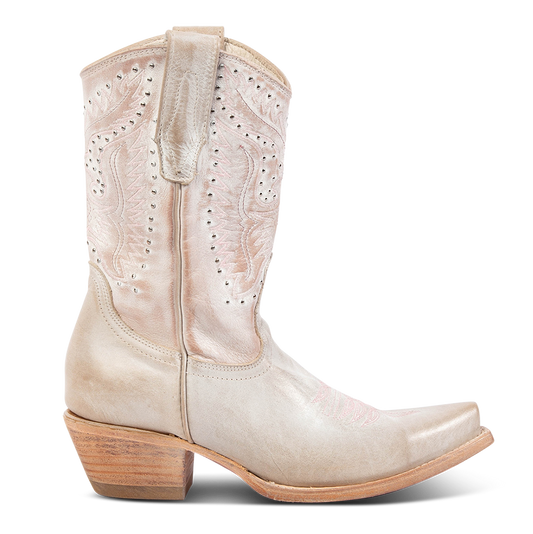 FREEBIRD women's Westrose blush embroidered mid-calf boot with stud detailing, leather pull tabs, and stacked heel