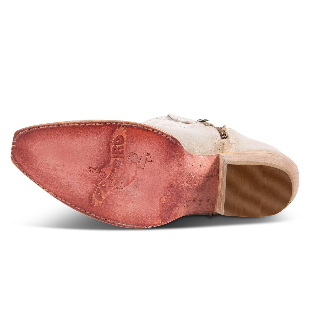Leather sole imprinted with FREEBIRD on women's Westrose blush boot