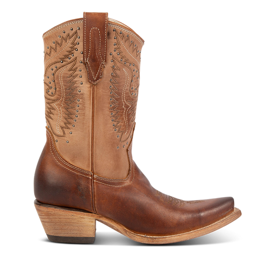 FREEBIRD women's Westrose tan embroidered mid-calf boot with stud detailing, leather pull tabs, and stacked heel