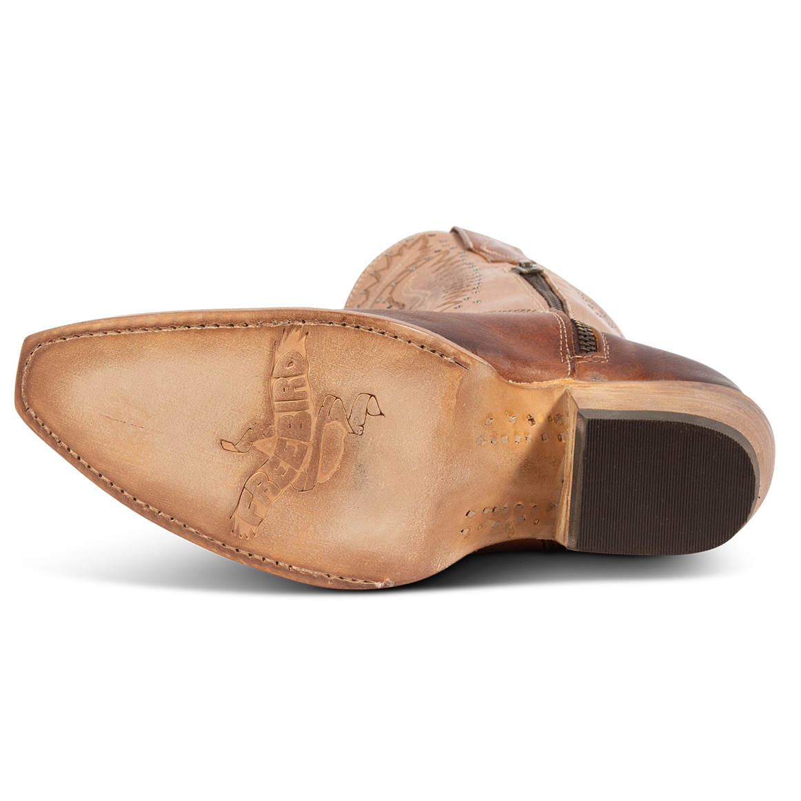 Leather sole imprinted with FREEBIRD on women's Westrose tan boot