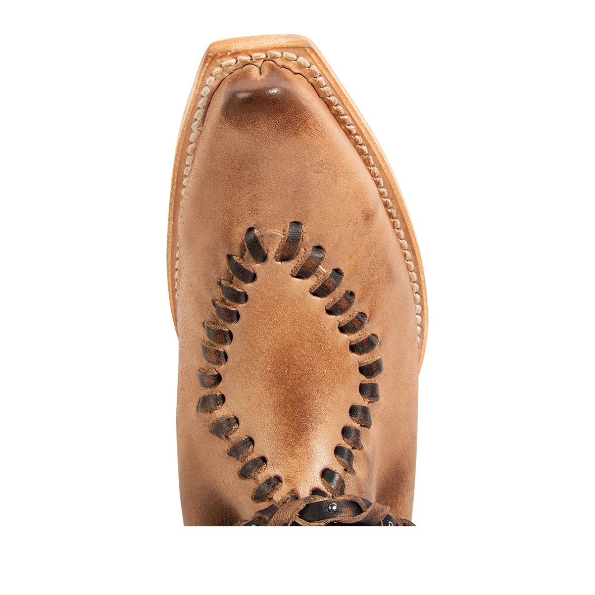 Top view showing whip stitch detailing and snip toe construction on FREEBIRD women's Whimsical tan leather bootie