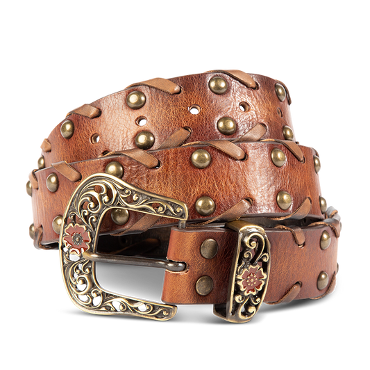 Whip brown front view featuring single buckle closure, embroidered detailing and stud embellishments on FREEBIRD full grain leather belt