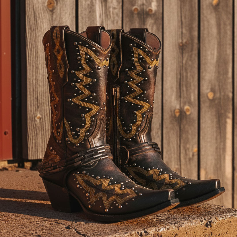 FREEBIRD women's Wisteria black boot with western stitching, silver stud detailing, and decorative ankle belting