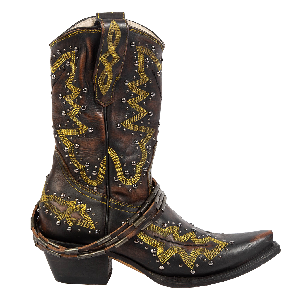 FREEBIRD women's Wisteria black boot with western stitching, silver stud detailing, and decorative ankle belting