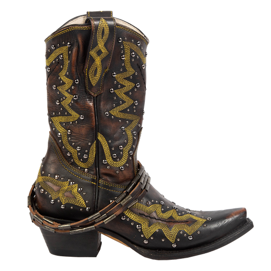 FREEBIRD women's Wisteria black boot with western stitching, silver stud detailing, and decorative ankle belting