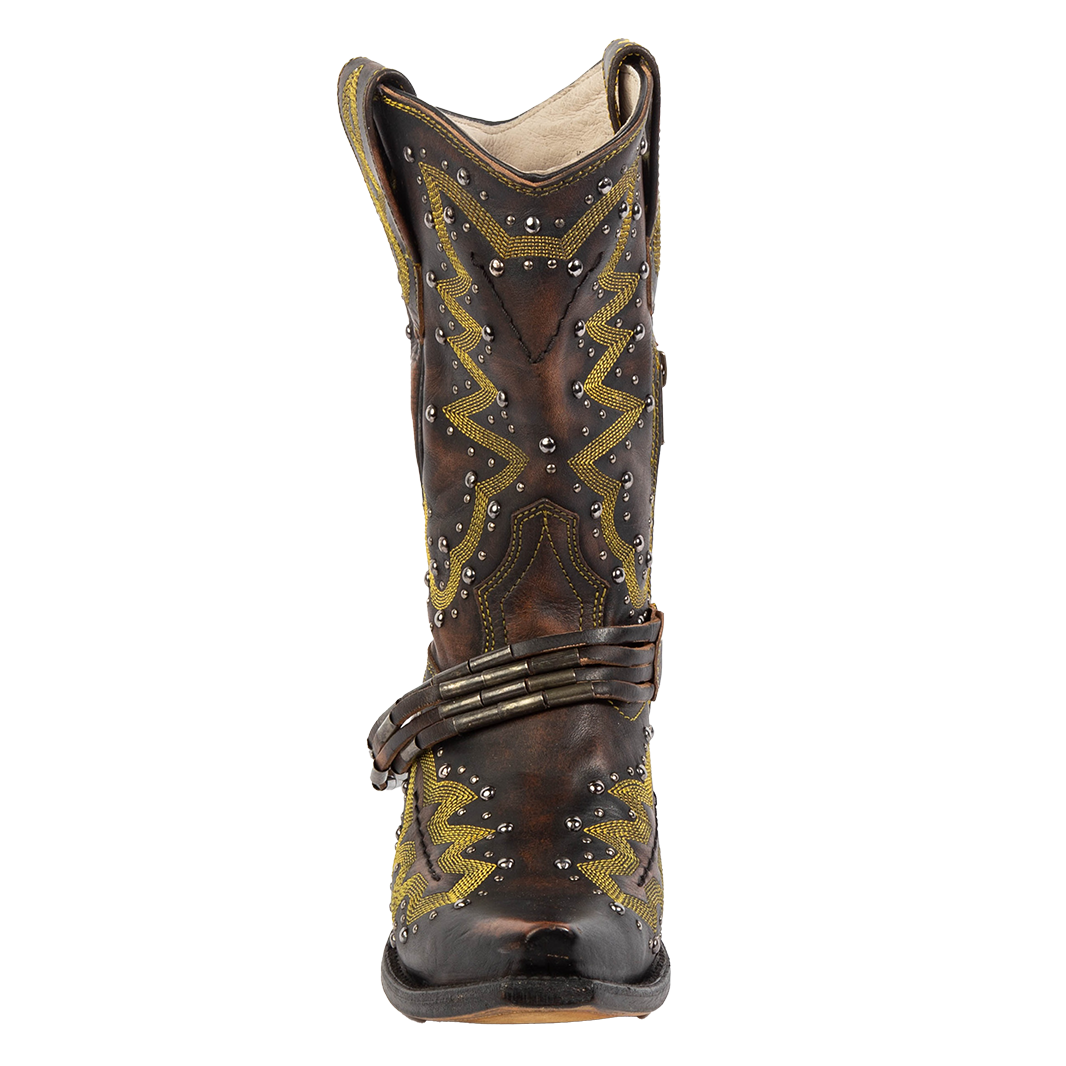 Front view showing silver stud detailing, contrasting western shaft stitching, and a decorative ankle belt on FREEBIRD women's Wisteria black boot