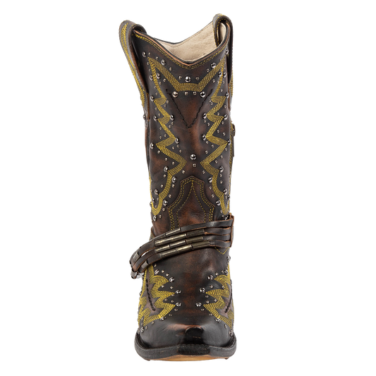 Front view showing silver stud detailing, contrasting western shaft stitching, and a decorative ankle belt on FREEBIRD women's Wisteria black boot