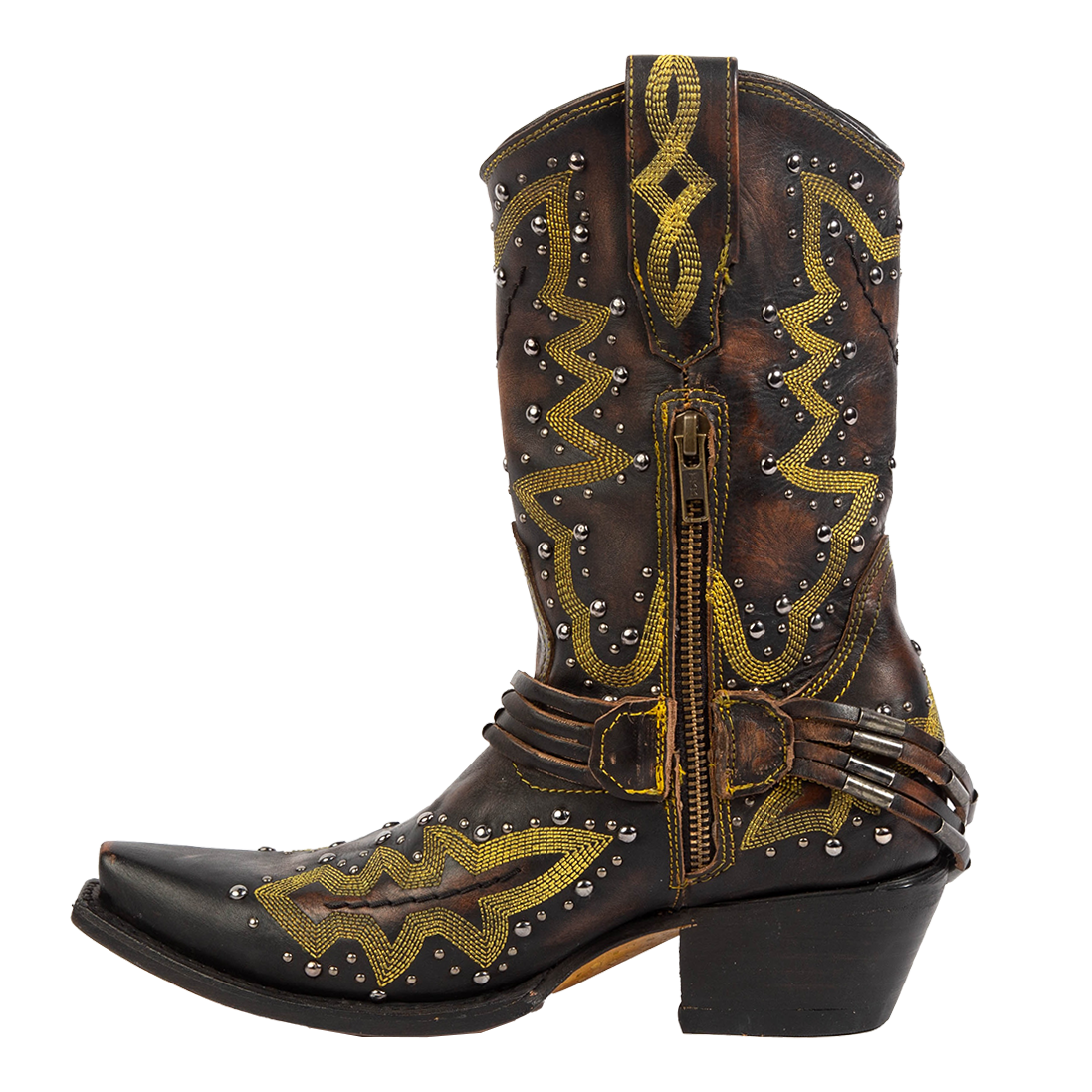 Side view showing leather pull tabs and a working brass half zip closure on FREEBIRD women's Wisteria black boot