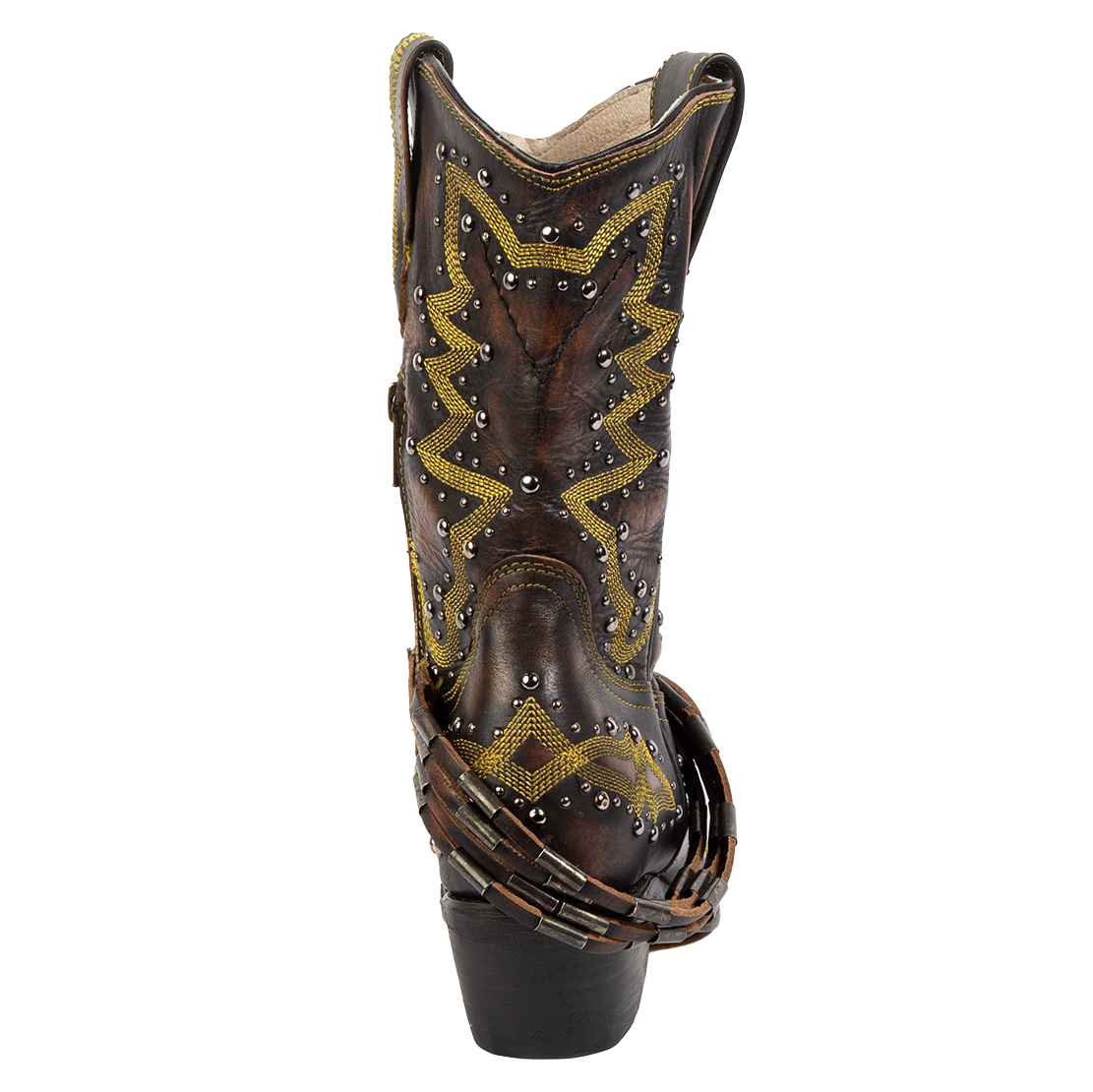 Back view showing low heel and silver stud detailing on FREEBIRD women's Wisteria black boot