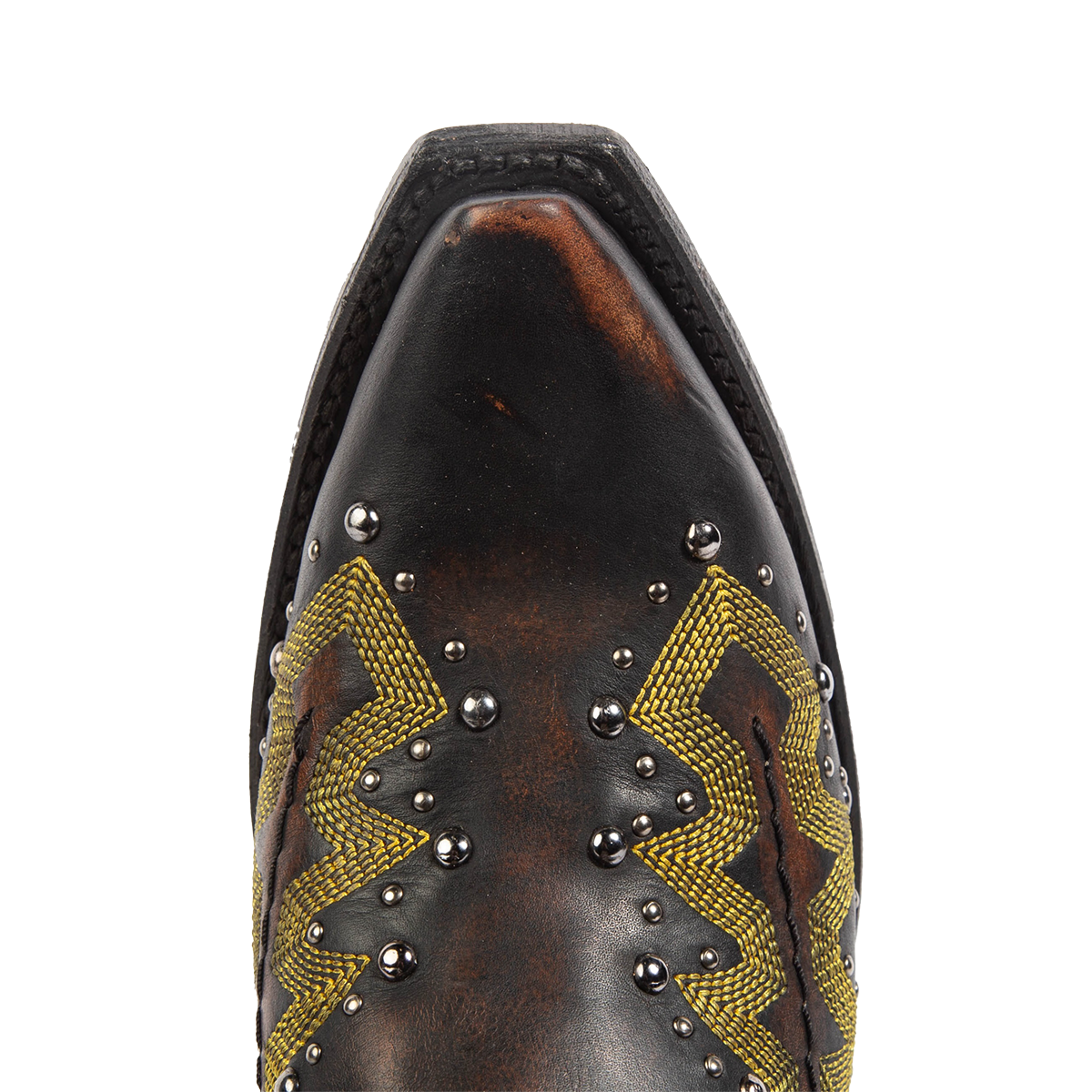 Top view showing snip toe construction with silver studs and western stitching on FREEBIRD women's Wisteria black boot