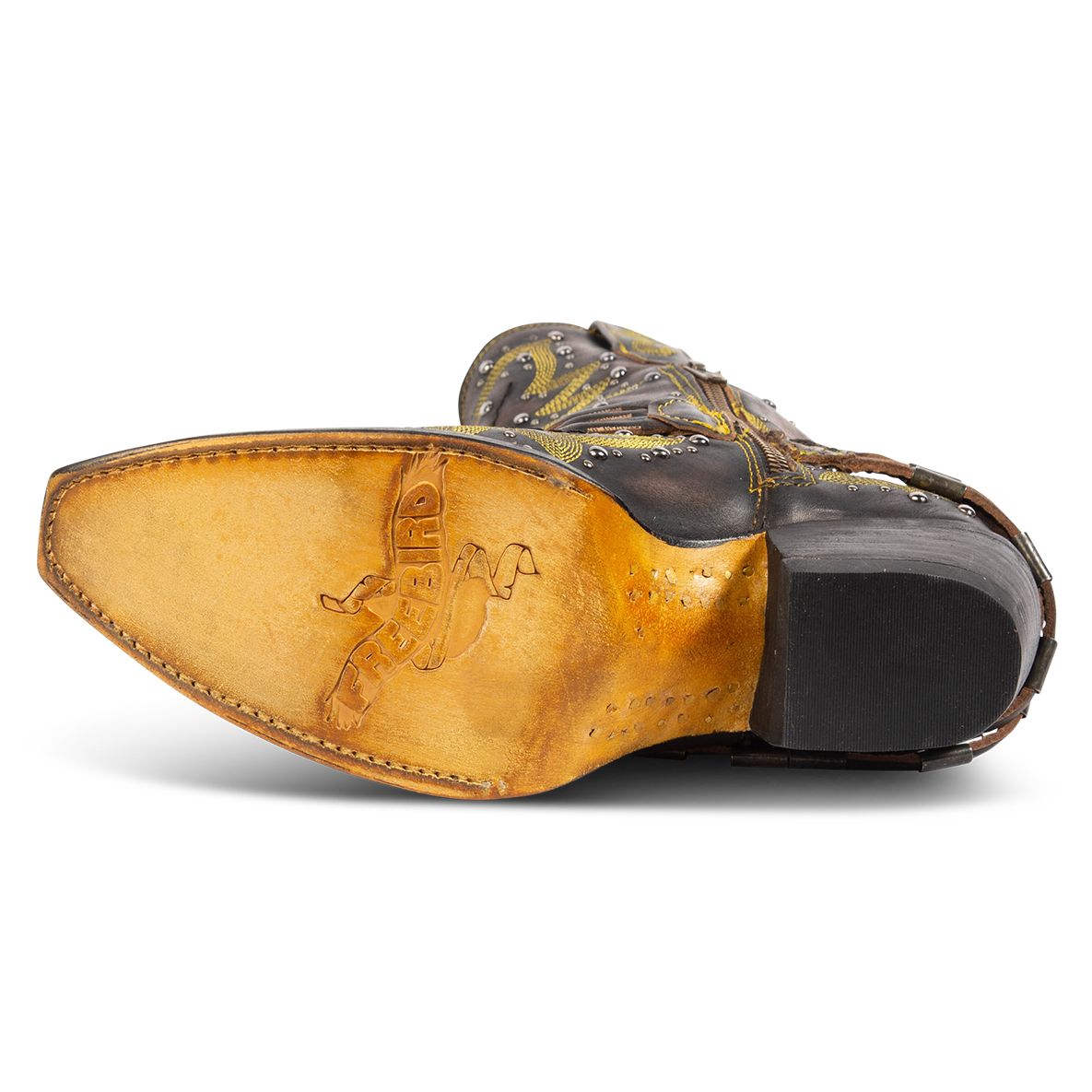 Leather sole imprinted with FREEBIRD on women's Wisteria black boot