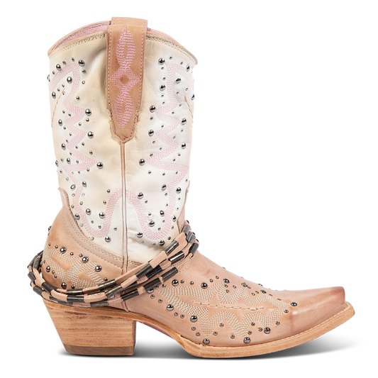 FREEBIRD women's Wisteria blush boot with western stitching, silver stud detailing, and decorative ankle belting