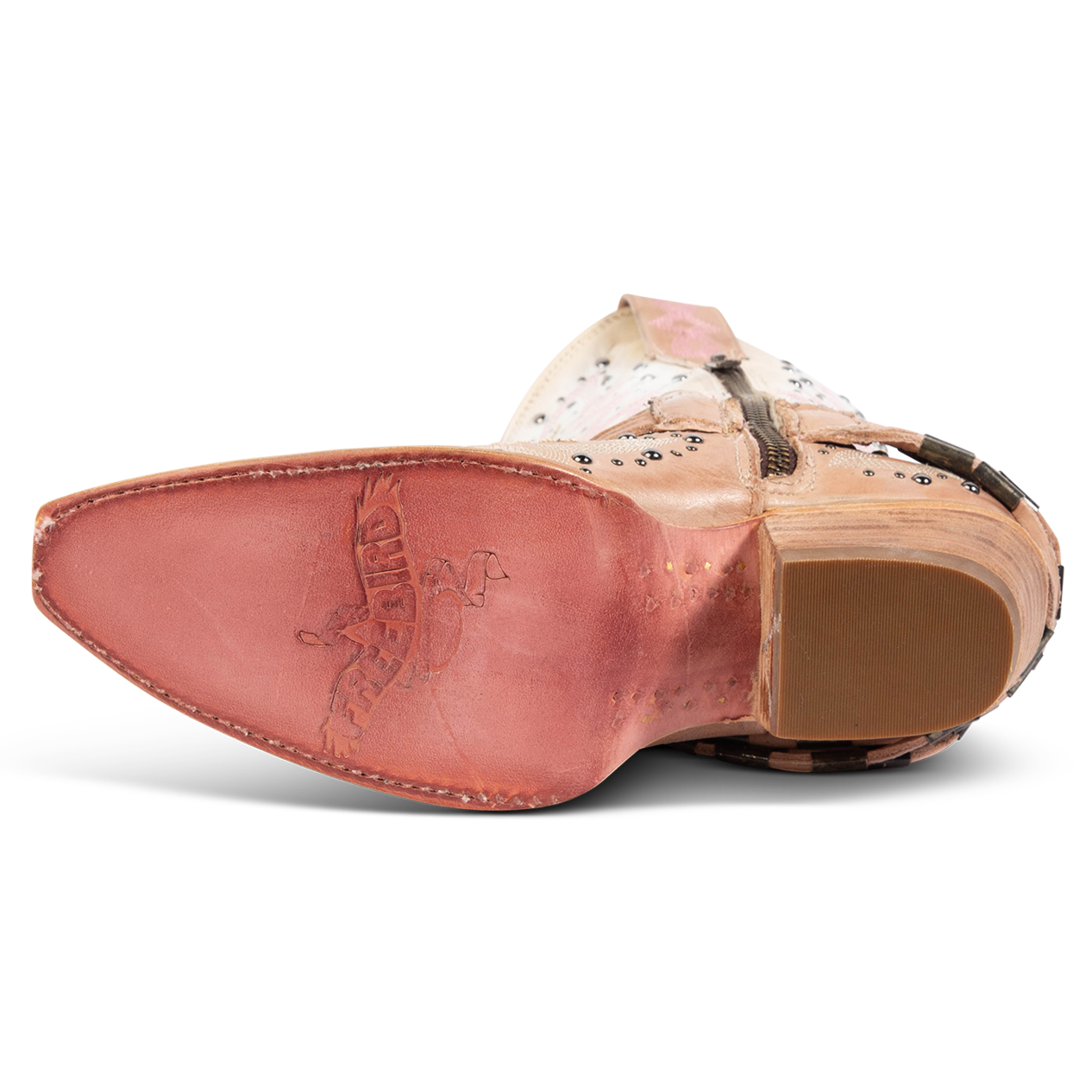 Leather sole imprinted with FREEBIRD on women's Wisteria blush boot