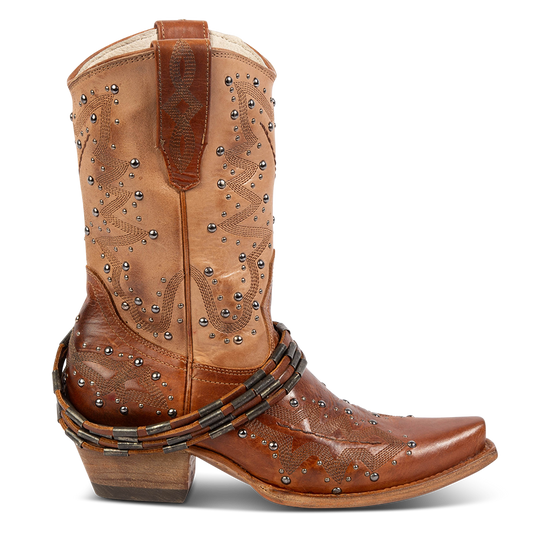 FREEBIRD women's Wisteria tan boot with western stitching, silver stud detailing, and decorative ankle belting