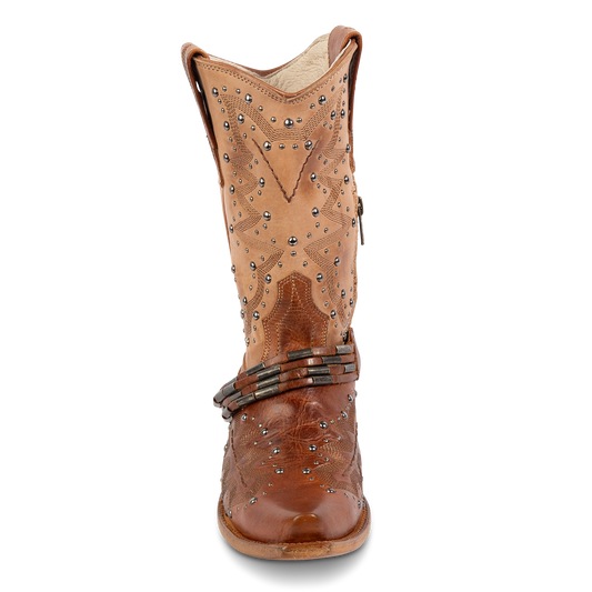 Front view showing silver stud detailing, contrasting western shaft stitching, and a decorative ankle belt on FREEBIRD women's Wisteria tan boot