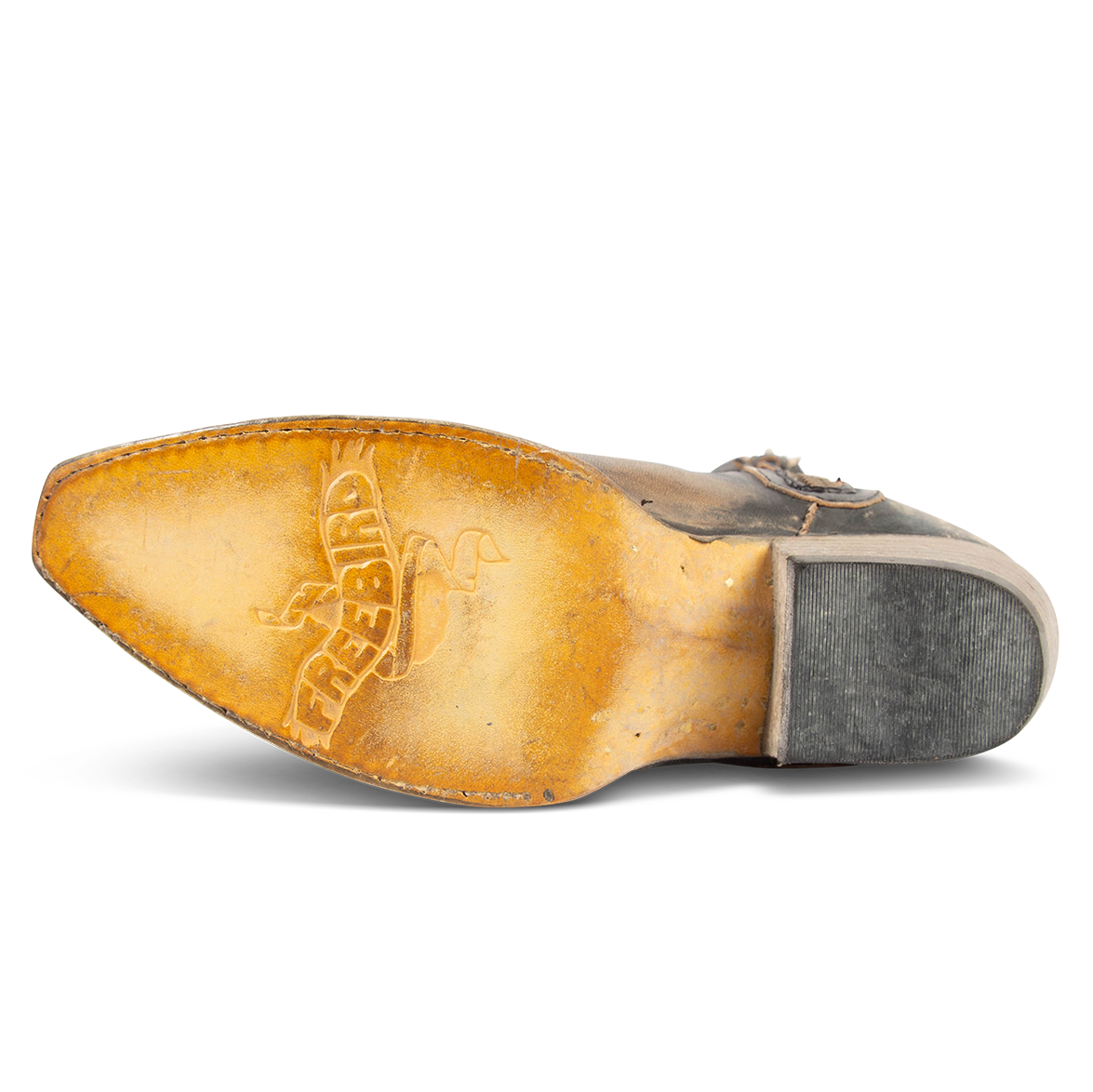 Leather sole imprinted with FREEBIRD and rock tumbled distressing on Wolfgang black tall western boot
