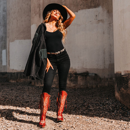 FREEBIRD women's Wolfgang red tall western boot snip toe and outer zip closures lifestyle image