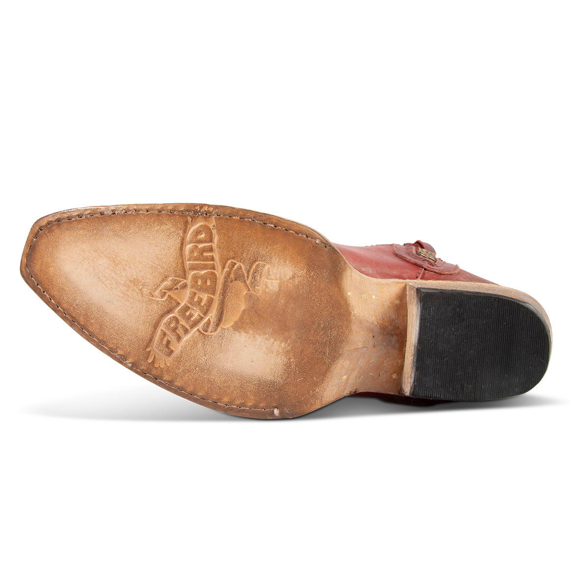 Leather sole imprinted with FREEBIRD and rock tumbled distressing on Wolfgang red tall western boot