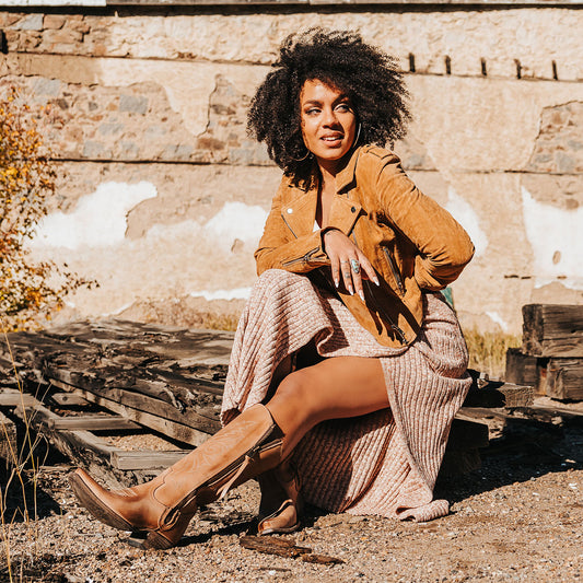 FREEBIRD women's Wolfgang taupe tall western boot snip toe and outer zip closures lifestyle image