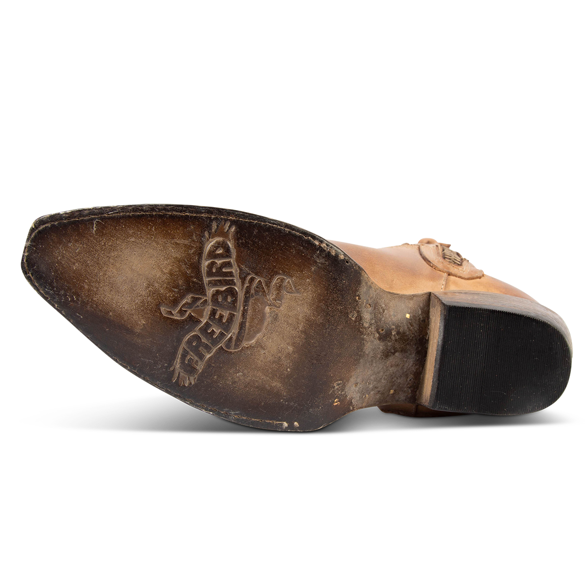 Leather sole imprinted with FREEBIRD and rock tumbled distressing on Wolfgang taupe tall western boot
