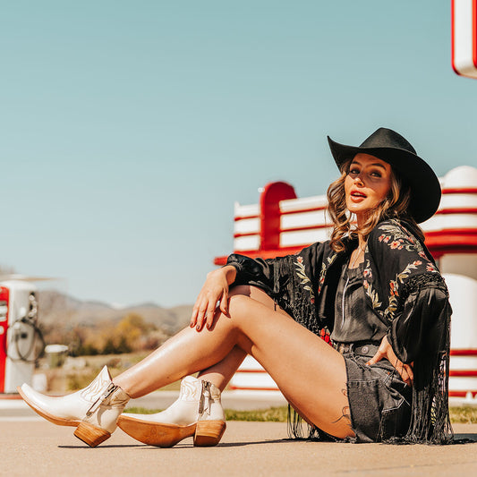 FREEBIRD women's Wolfie beige leather bootie with stitch detailing and snip toe construction lifestyle