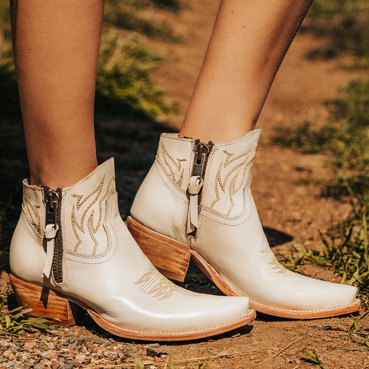 FREEBIRD women's Wolfie beige leather bootie with stitch detailing and snip toe construction