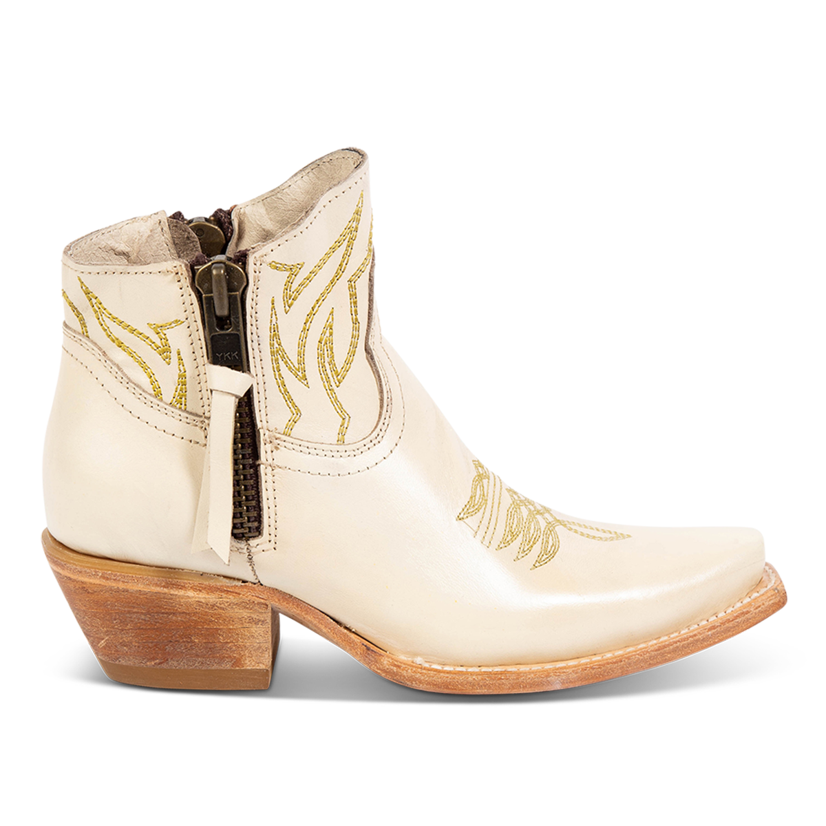 FREEBIRD women's Wolfie beige leather bootie with stitch detailing and snip toe construction