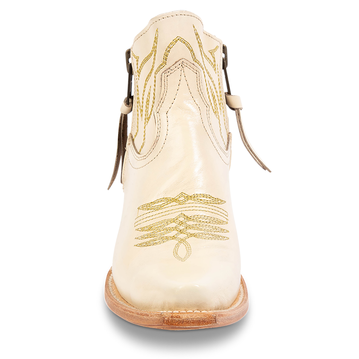 Front view of FREEBIRD women's Wolfie beige leather bootie with stitch detailing, snip toe construction and symmetrical brass zip closures