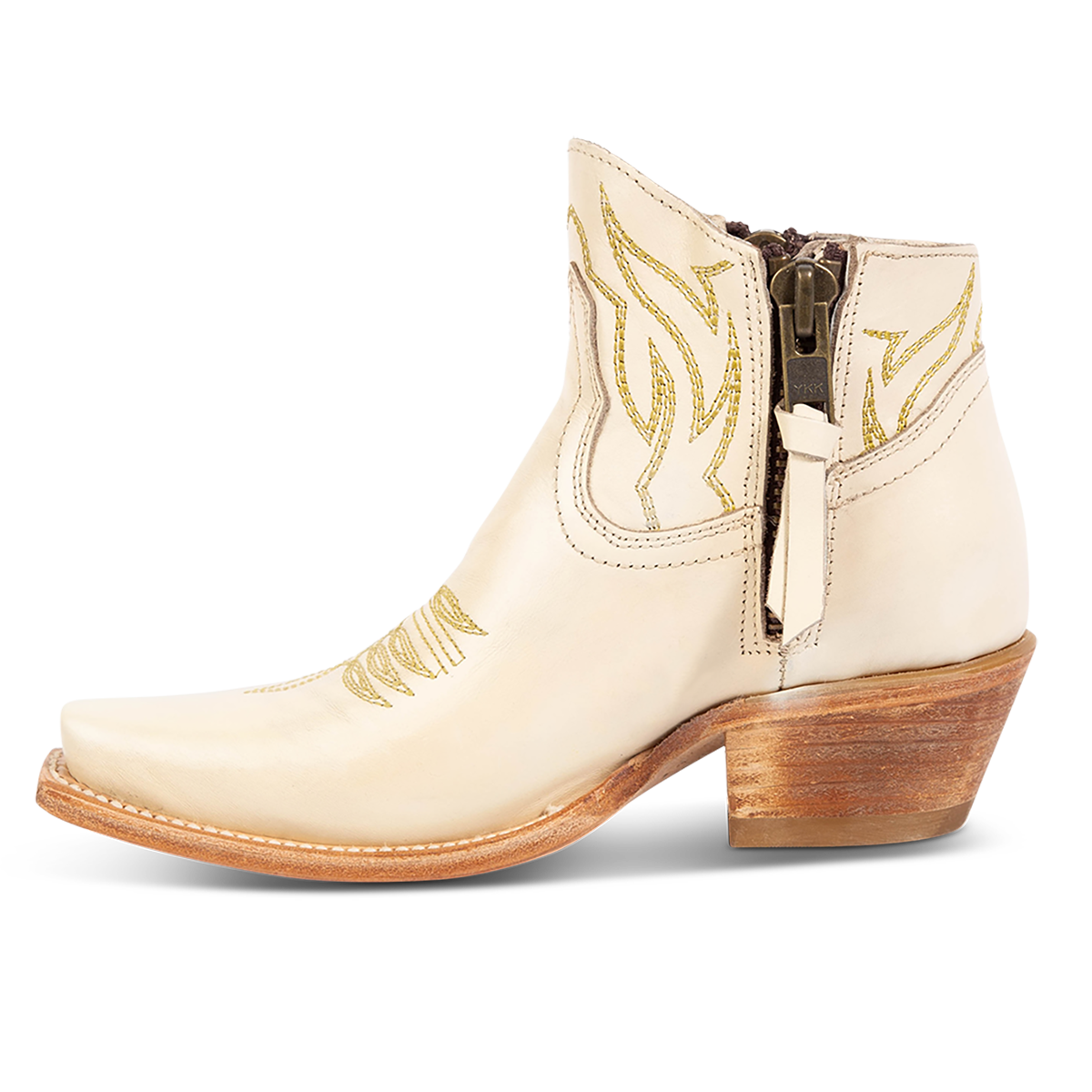 Side view of FREEBIRD women's Wolfie beige leather bootie with stitch detailing and snip toe construction