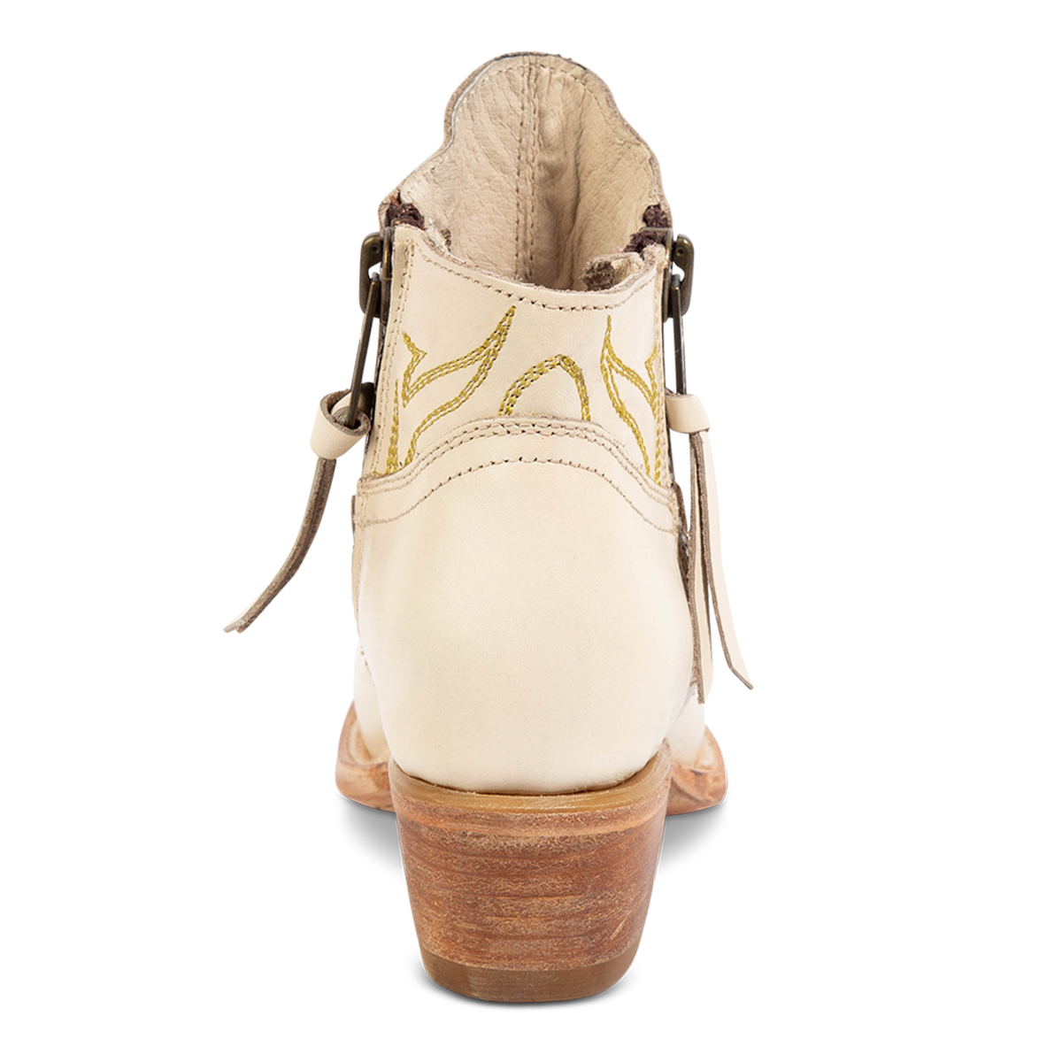 Back view of FREEBIRD women's Wolfie beige leather bootie with stitch detailing and low slanted heel