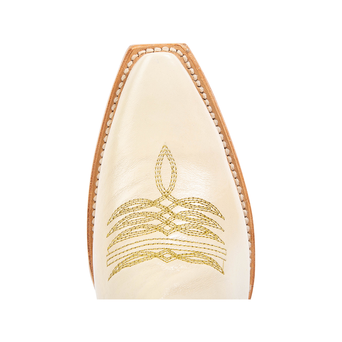 Top view of FREEBIRD women's Wolfie beige leather bootie with stitch detailing and snip toe construction