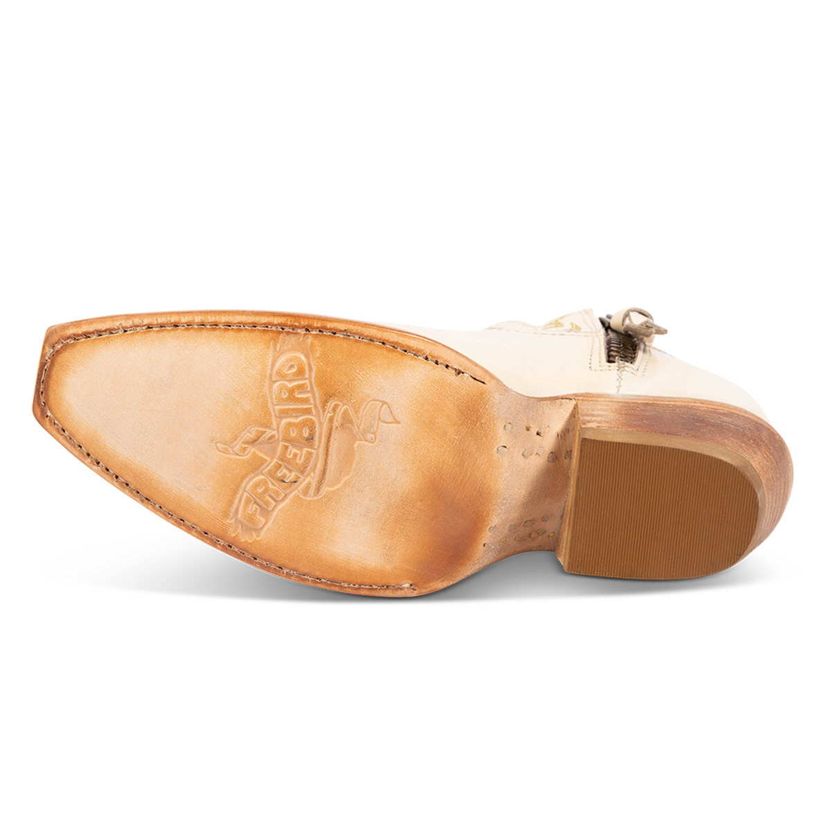 Leather sole imprinted with FREEBIRD on women's Wolfie beige leather boot