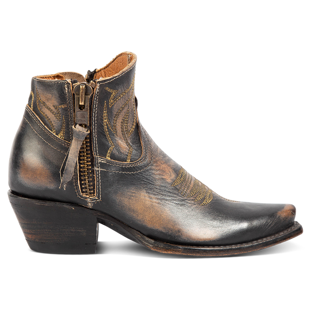 FREEBIRD women's Wolfie black leather bootie with stitch detailing and snip toe construction