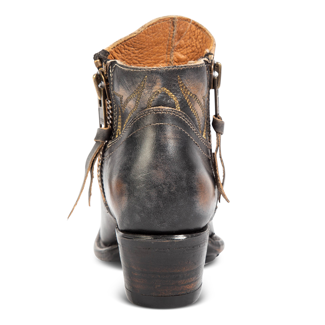 Back view of FREEBIRD women's Wolfie black leather bootie with stitch detailing and low slanted heel