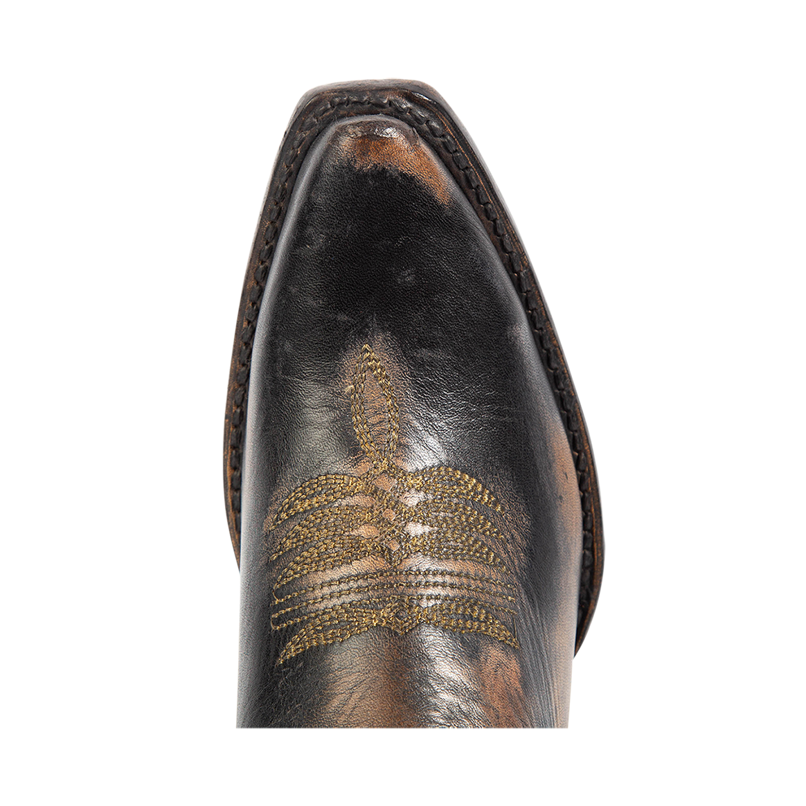 Top view of FREEBIRD women's Wolfie black leather bootie with stitch detailing and snip toe construction