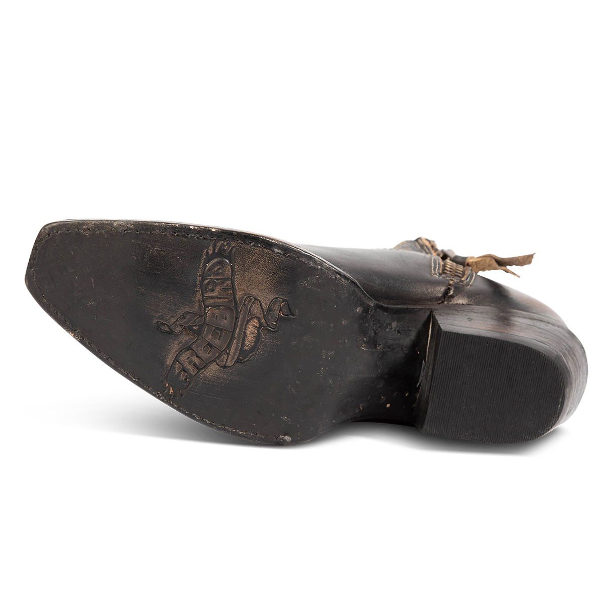 Leather sole imprinted with FREEBIRD on women's Wolfie black leather boot