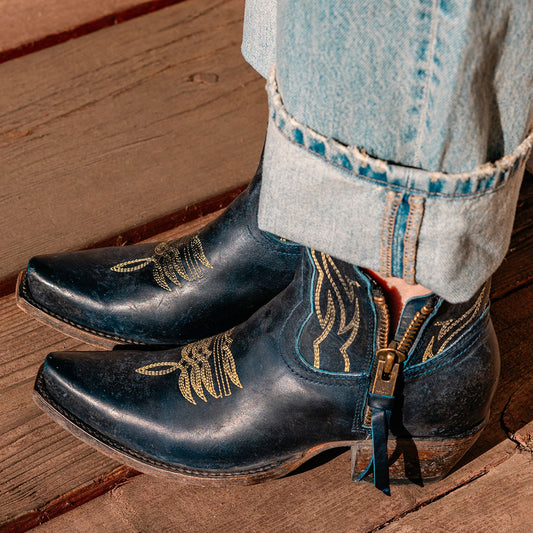 FREEBIRD women's Wolfie blue leather bootie with stitch detailing and snip toe construction